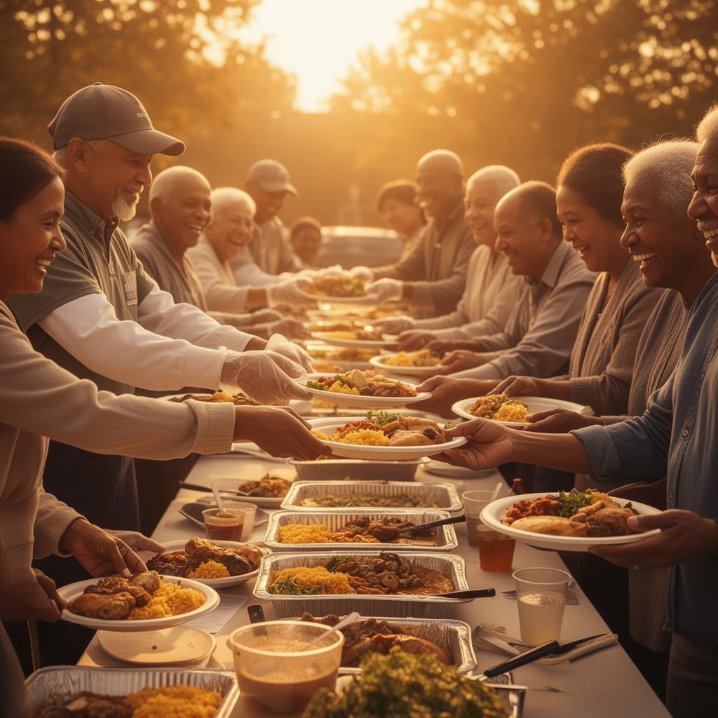 Volunteers serving hot meals to families in need